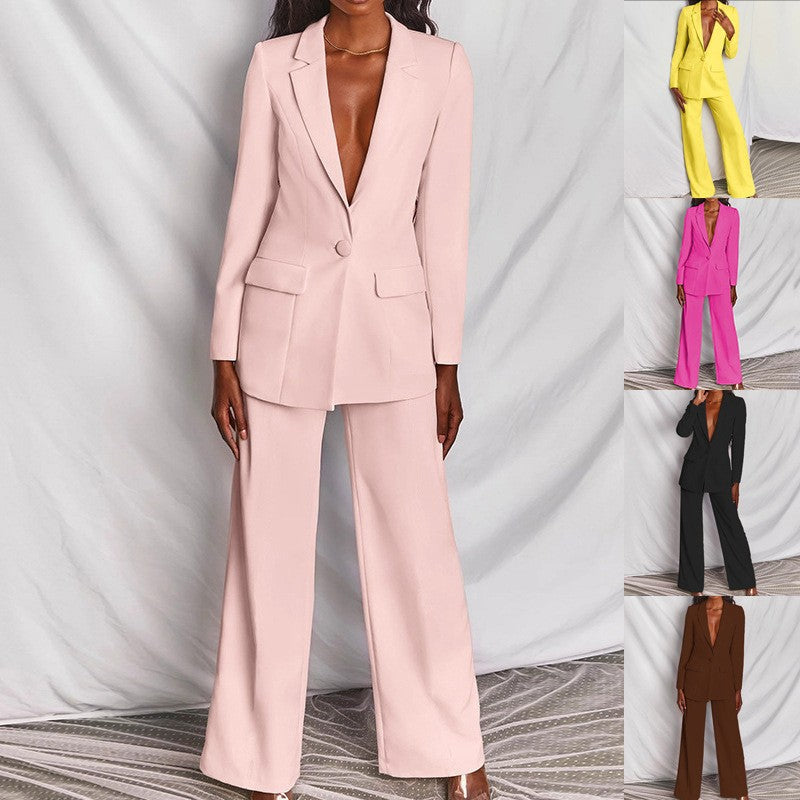 Ensemble 2 pièces décontracté : Blazer à revers boutonné et pantalon droit pour le bureau, les trajets quotidiens et les affaires