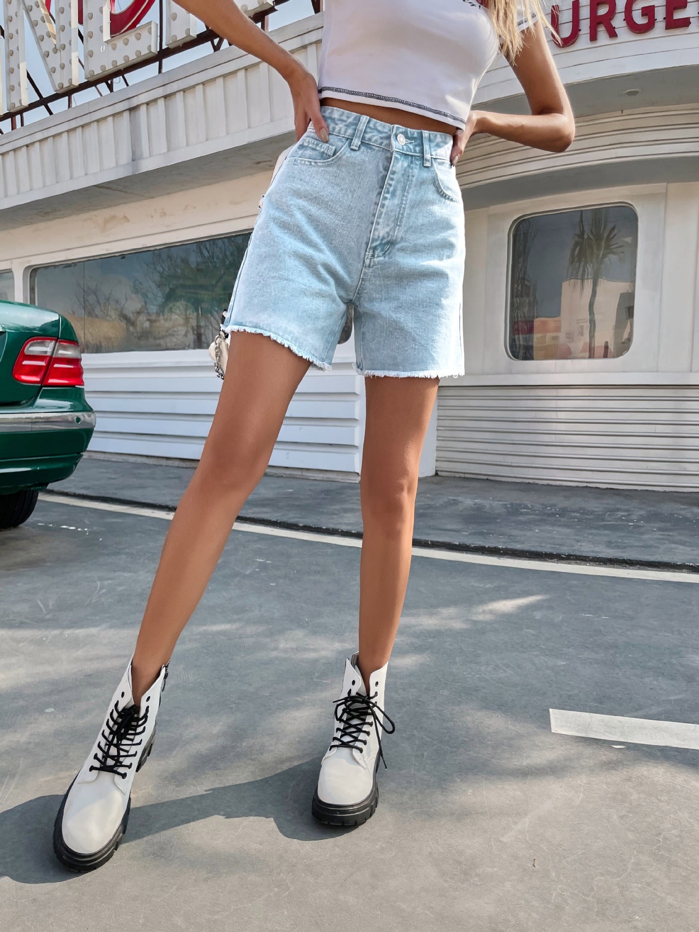 Pantalones cortos de mezclilla casuales sueltos de talle alto para mujer