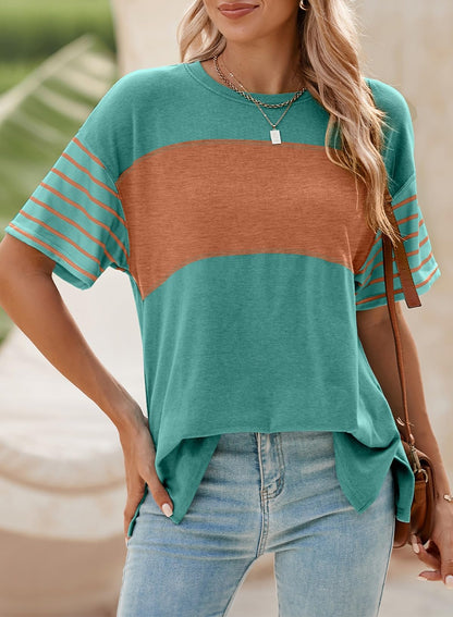T-shirt à manches courtes rayé et color-block décontracté à col rond pour femme