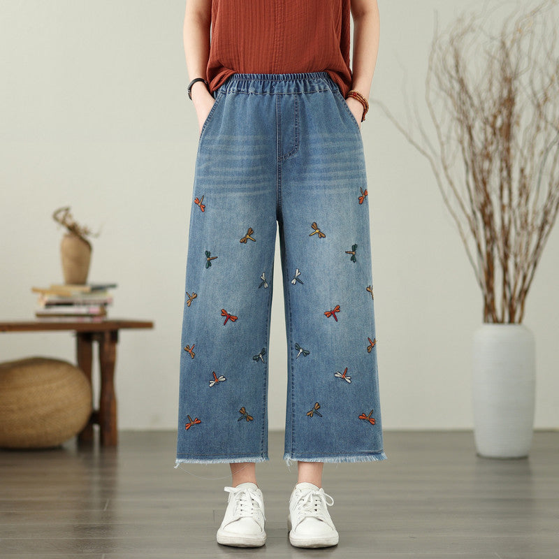 Jean ample en denim brodé papillon pour femme