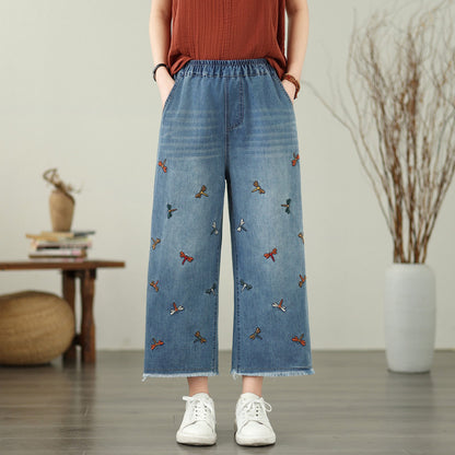 Jean ample en denim brodé papillon pour femme
