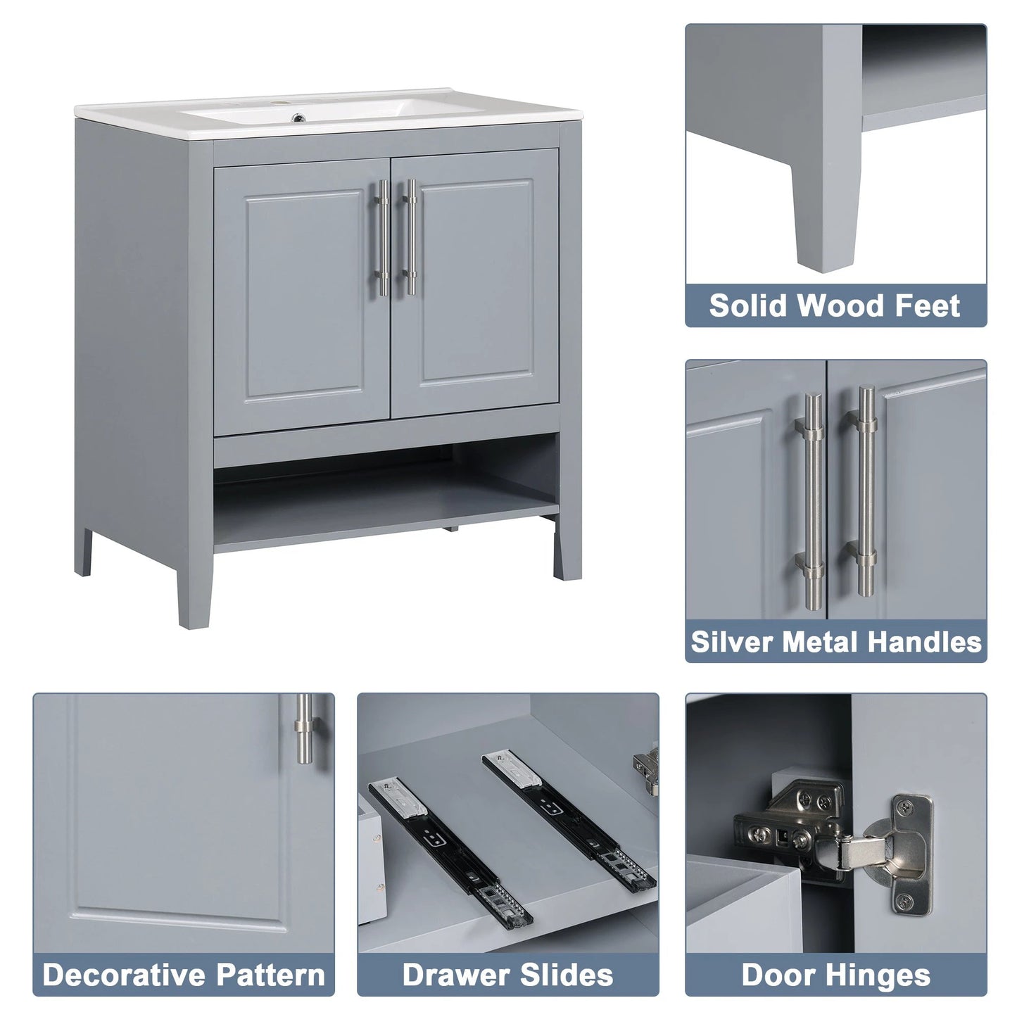 30" Bathroom Vanity with Sink, Multi-functional Bathroom Cabinet with Doors and Drawers, Solid Frame and MDF Board, Grey by eprolo