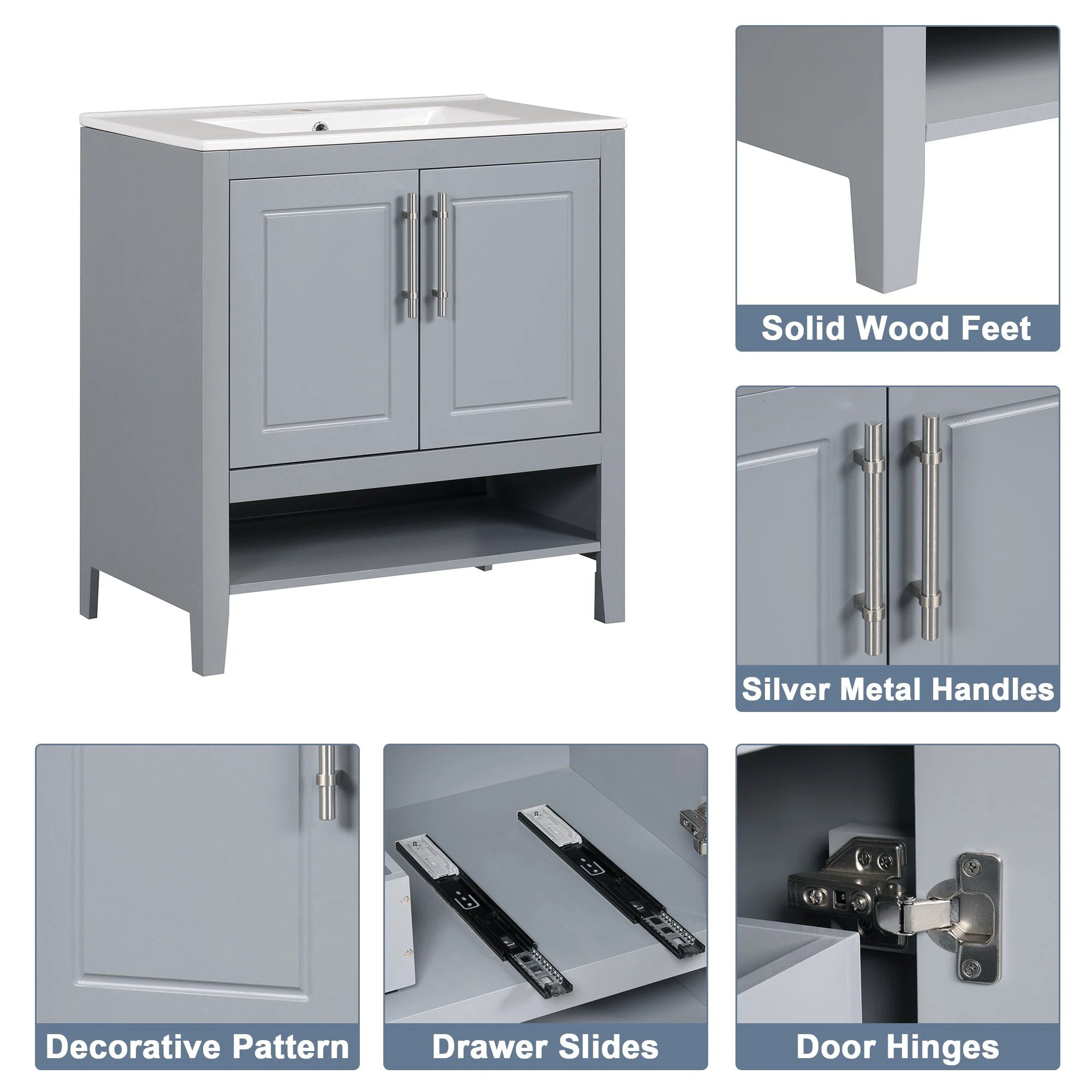 30" Bathroom Vanity with Sink, Multi-functional Bathroom Cabinet with Doors and Drawers, Solid Frame and MDF Board, Grey by eprolo