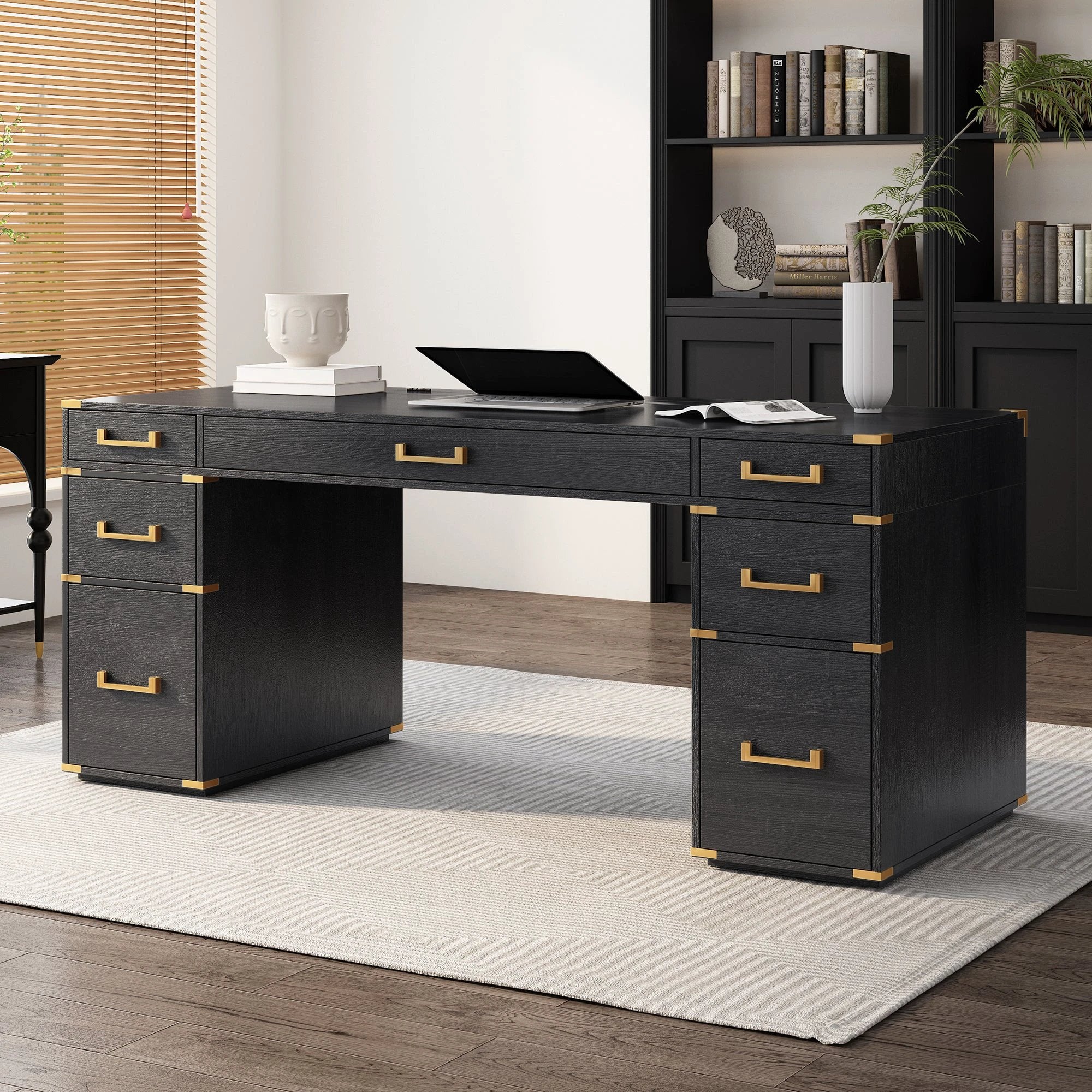 70 inch classic and traditional executive desk with metal trim, writing desk with 2 file drawers, USB ports, and sockets, black by eprolo