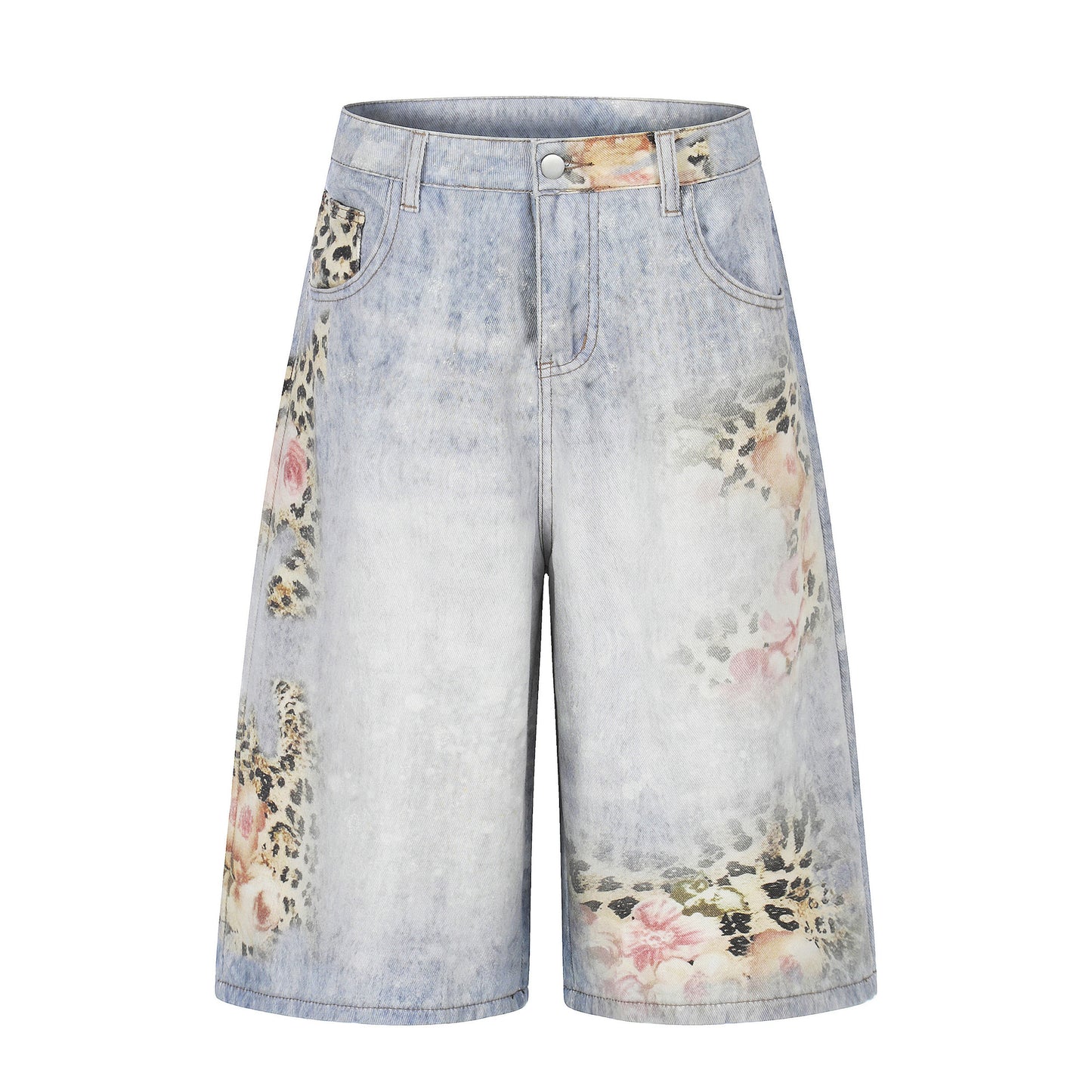Pantalones cortos unisex de mezclilla con estampado de leopardo, pierna ancha suelta, estilo urbano lavado y desgastado, de longitud media