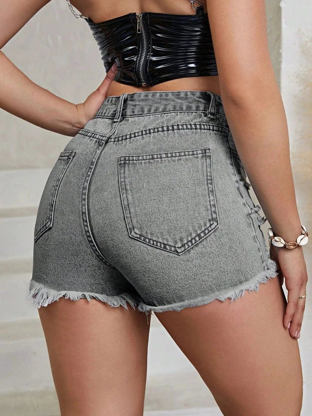 Distressed Raw Hem High Rise Denim Shorts by eprolo
