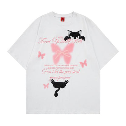 T-shirt à manches courtes brodé chat et papillon