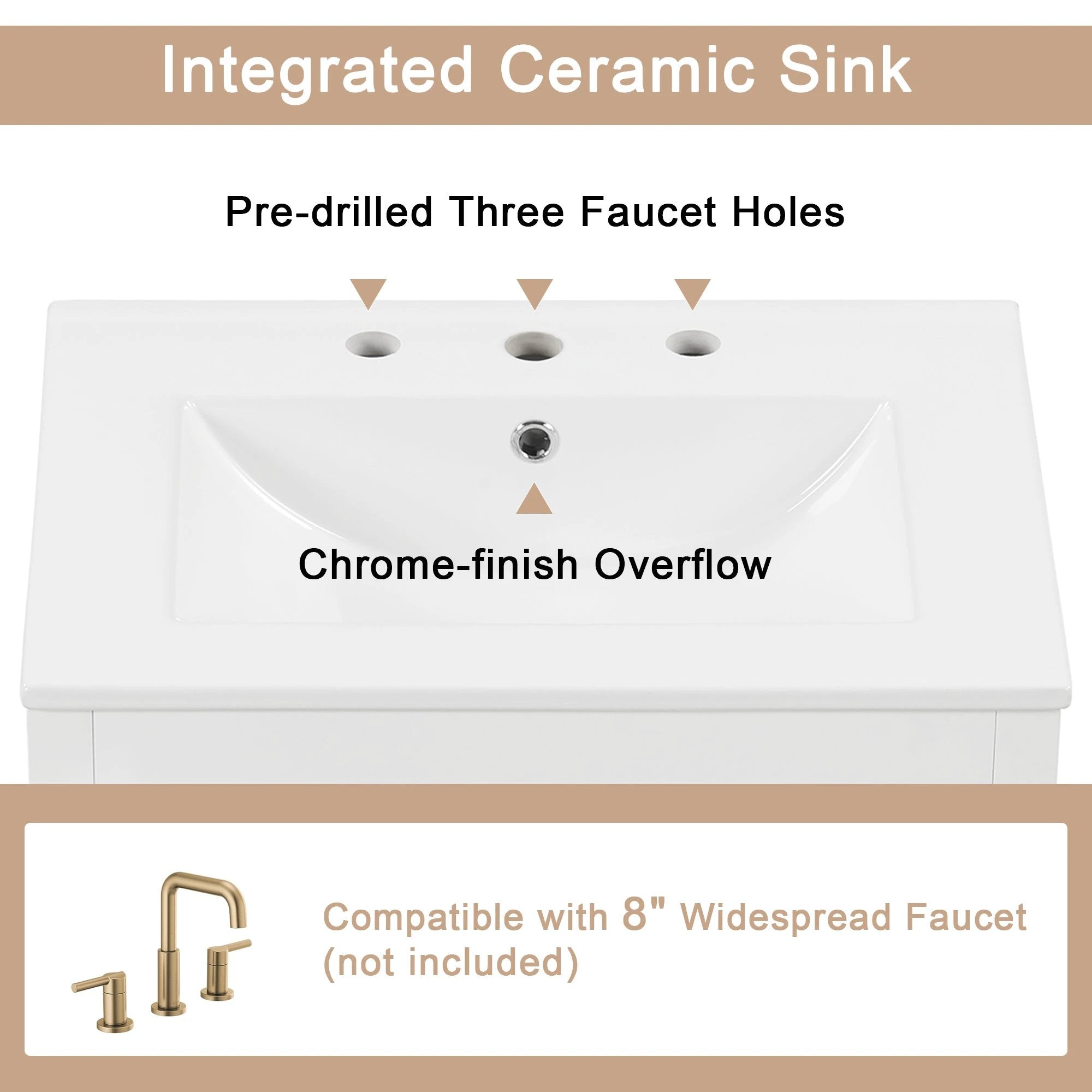24" Bathroom Vanity with Sink, Bathroom Vanity Cabinet with One Drawer and Doors, Solid Wood and MDF, White by eprolo