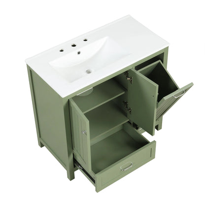 36 inch bathroom vanity with sink, one double door cabinet one large drawer and one flip drawer solid wood and MDF board, green by eprolo