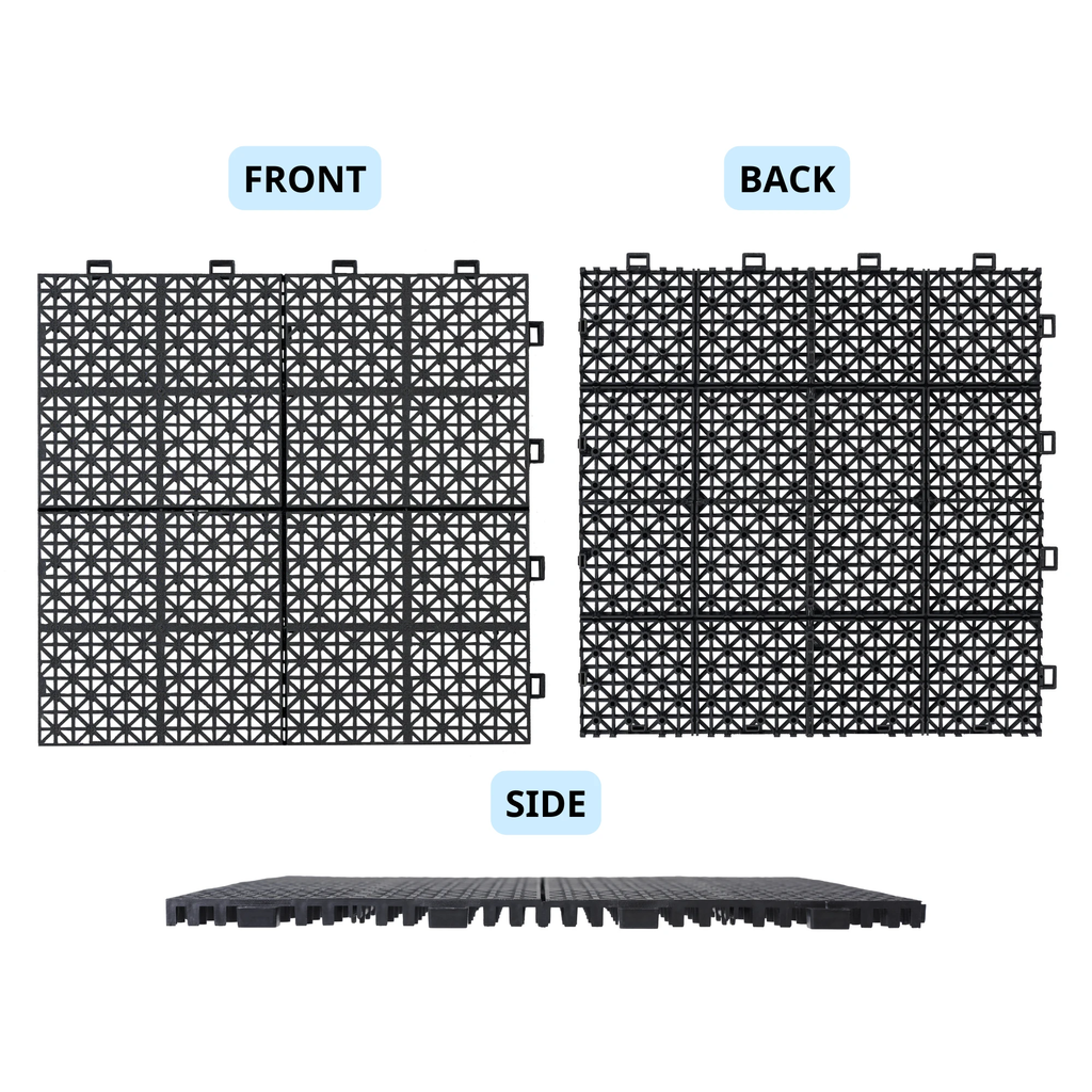 12 x 12 inch black interlocking deck tiles, plastic waterproof, weighing up to 6613 pounds, with a rose pattern pack of 12 by eprolo