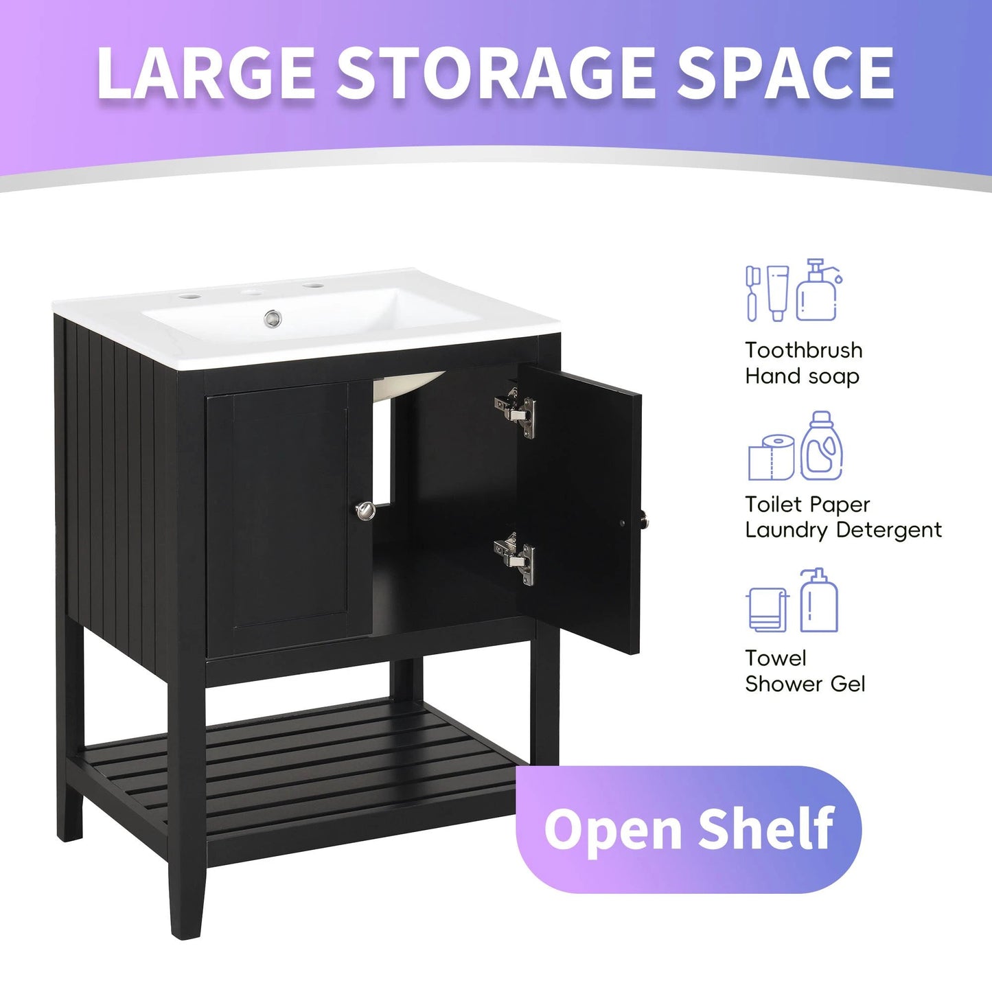 24" Black Modern Sleek Bathroom Vanity Elegant Ceramic Sink with Solid Wood Frame Open Style Shelf by eprolo