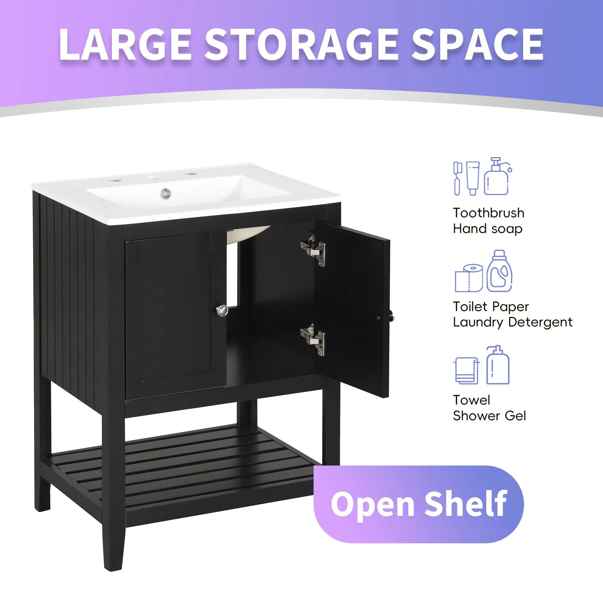 24" Black Modern Sleek Bathroom Vanity Elegant Ceramic Sink with Solid Wood Frame Open Style Shelf by eprolo