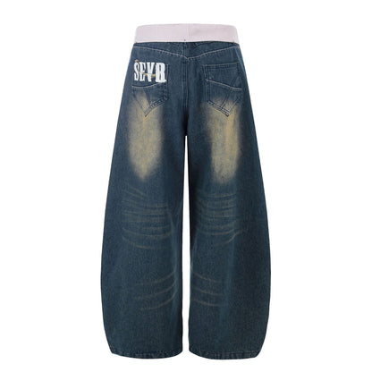 Pantalones largos de mezclilla lavados desgastados de tiro alto con pierna ancha y recta