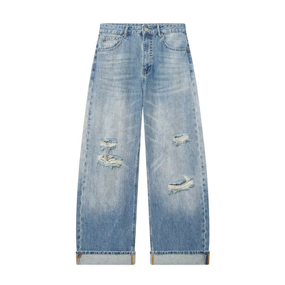 Broken hole decorative rolled edge loose jeans
