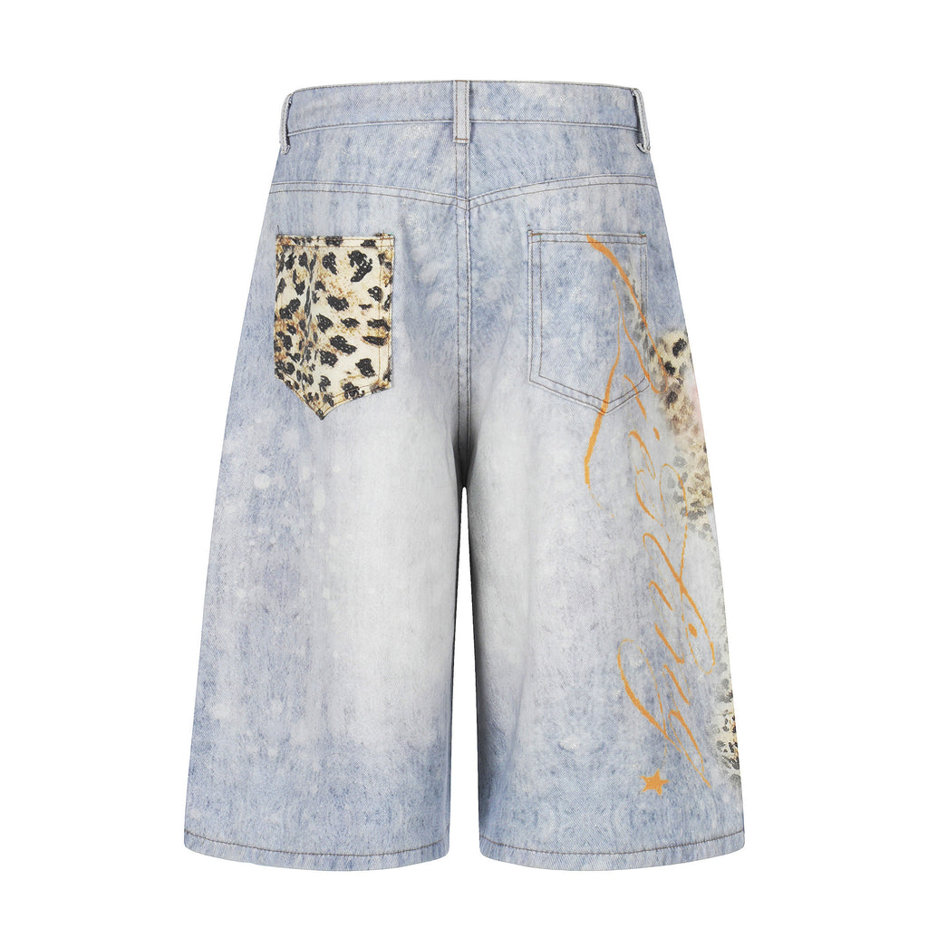 Pantalon en jean court imprimé léopard Unisexe Coupe large Effet usé Délavé Style urbain Longueur mi-mollet