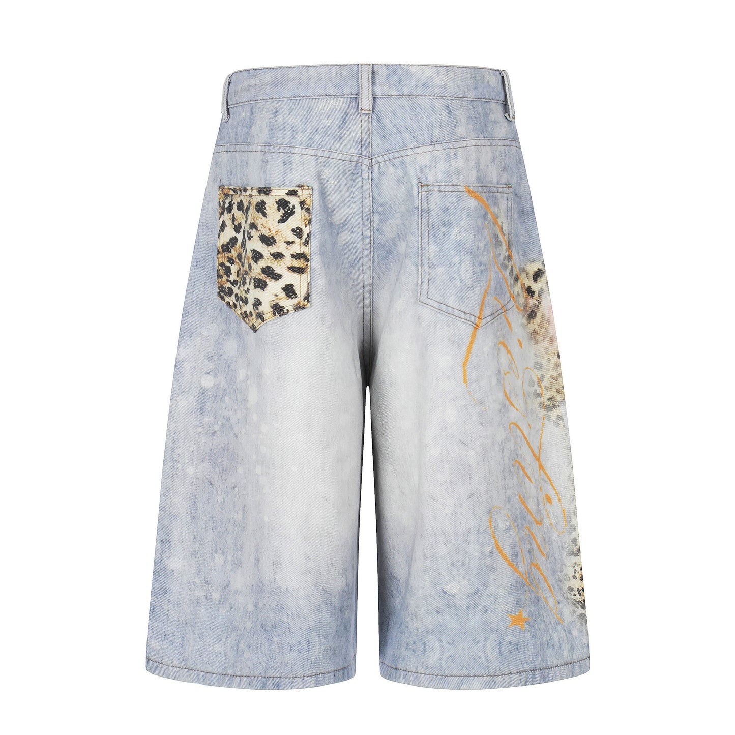 Pantalones cortos unisex de mezclilla con estampado de leopardo, pierna ancha suelta, estilo urbano lavado y desgastado, de longitud media