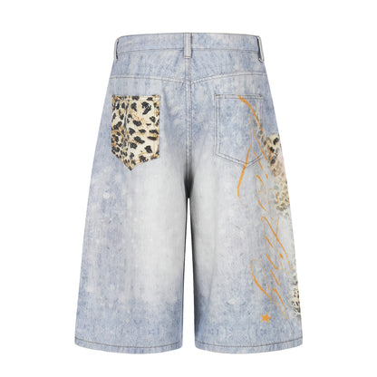 Pantalones cortos unisex de mezclilla con estampado de leopardo, pierna ancha suelta, estilo urbano lavado y desgastado, de longitud media