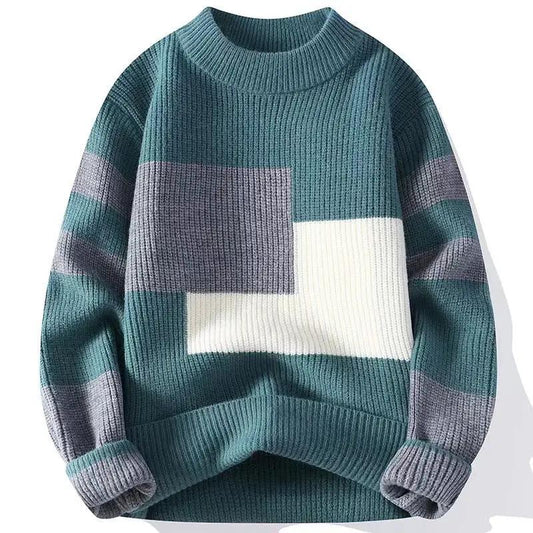 Classic men's relaxed-fit color-block knit sweater by eprolo, teal/gray/white long-sleeve pullover