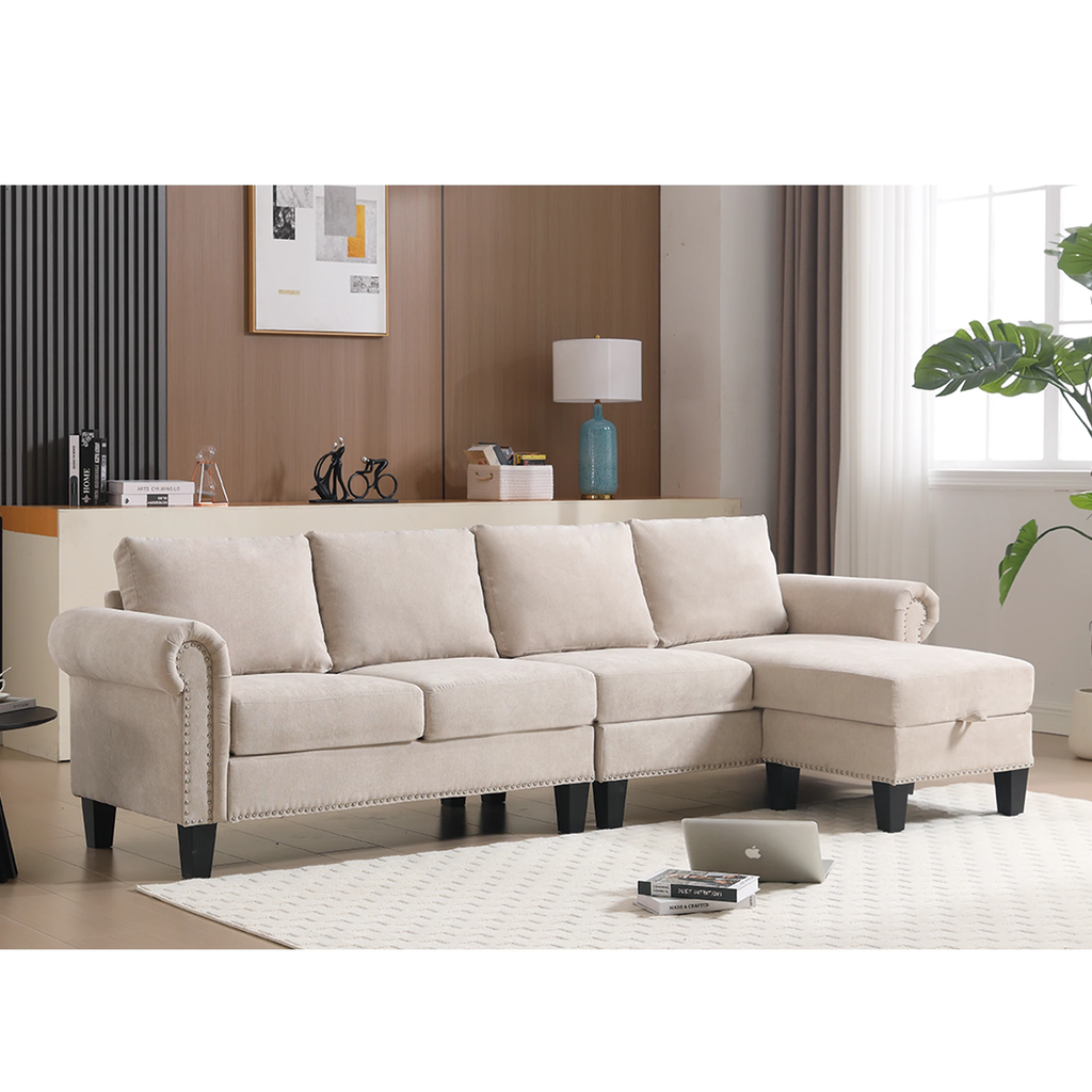 Convertible Sectional Sofa with Storage,L-shaped sofa,Four-seater sofa,Modern Linen Fabric Sectional Couches Beige by eprolo