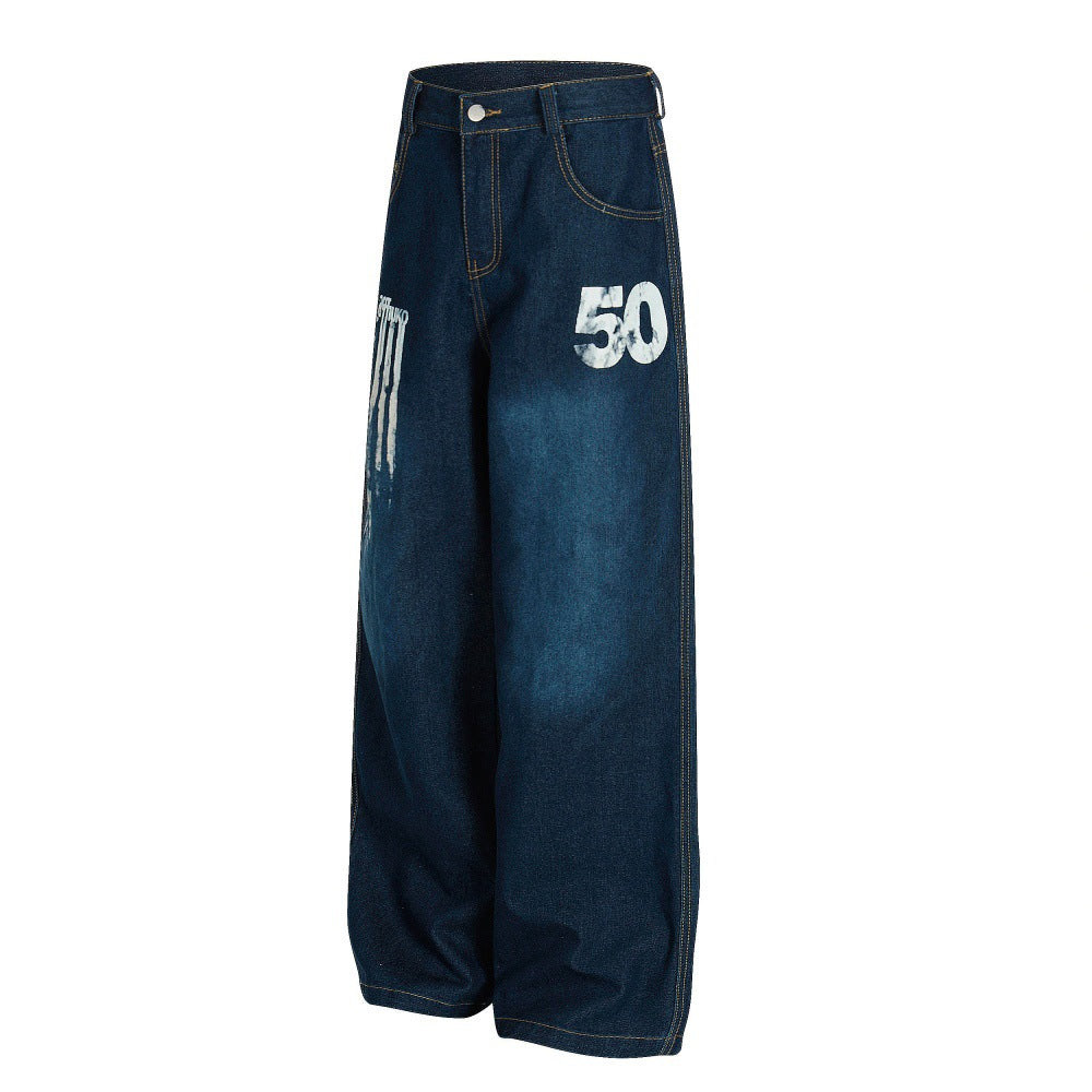 Pantalon large en jean imprimé et peint