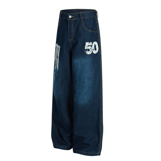 Printed and painted denim wide leg pants