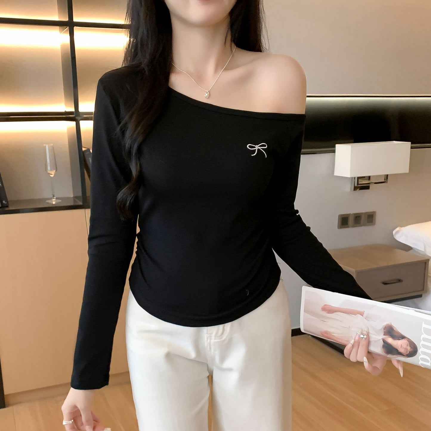 Black Asymmetric Shoulder Inner T-Shirt