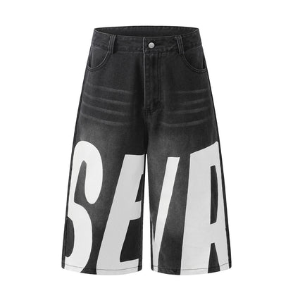 Large letter printed vintage denim shorts