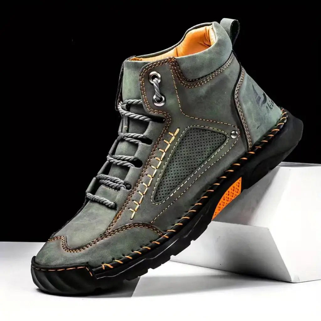 Aveline Handcrafted Ankle Boots by AdTec in gray-green leather with perforated side panels and orange sole accent