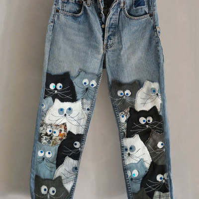 Nuevos pantalones vaqueros acampanados con estampado 3D por transferencia de calor en denim sintético