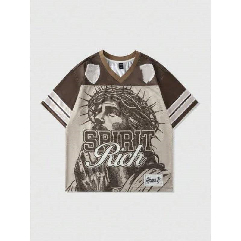 T-shirt rétro avec lettre en polyester, maille style américain rétro
