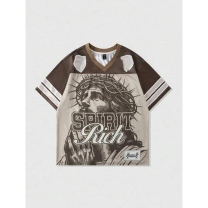 T-shirt rétro avec lettre en polyester, maille style américain rétro