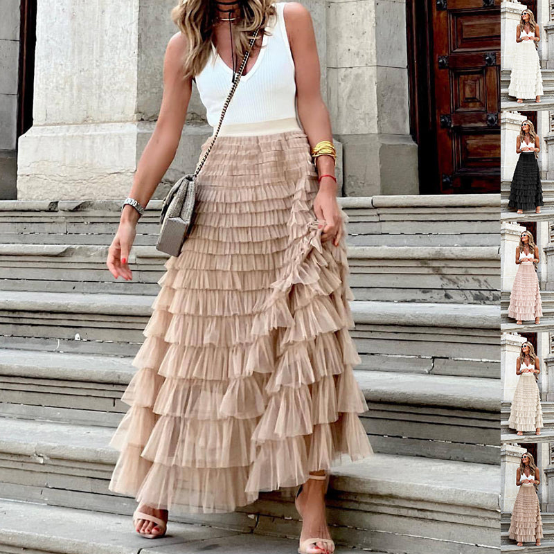 Jupe superposée à volants, mode d'été, jupe longue trapèze en maille, robe de soirée pour femmes