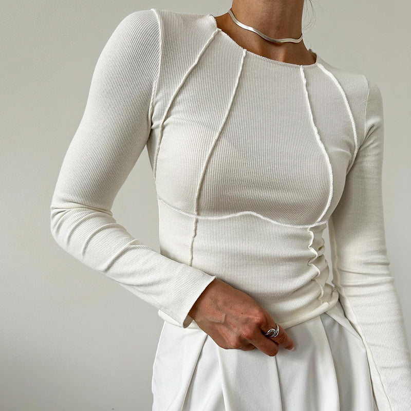 Haut en maille à col montant, fendu et tricoté pour femme, à manches longues et de couleur unie
