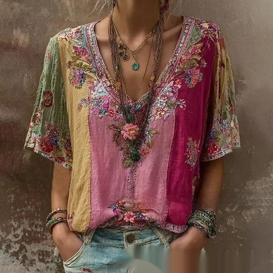 T-shirt à col en V et manches courtes imprimé 3D pour femme, au style élégant, artistique et vintage