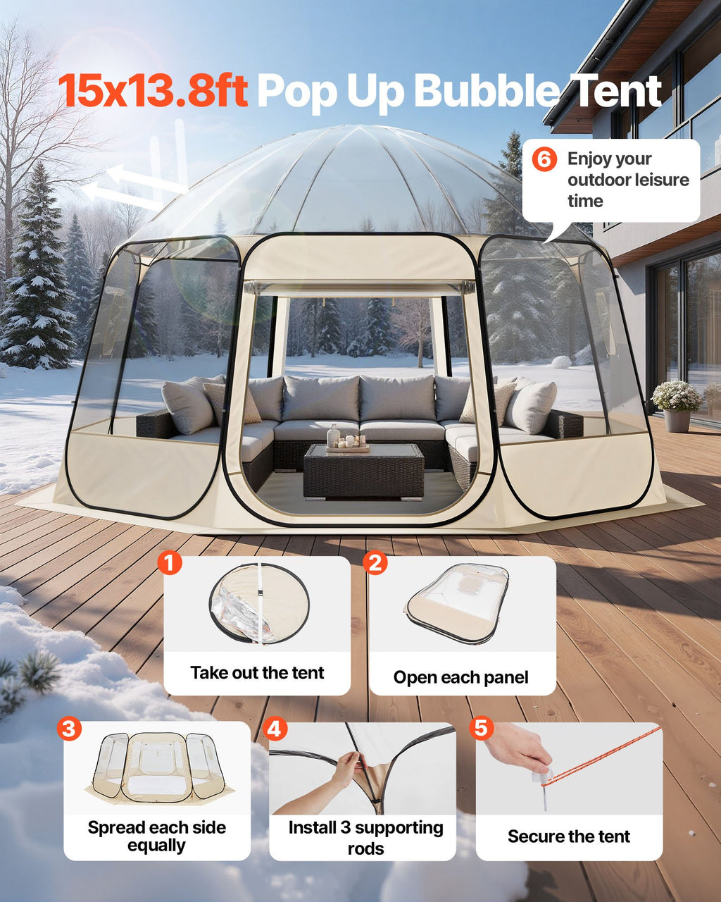 Pop Up Bubble Tent, 15 X 13.8 Ft Waterproof & UV-Resistant, Clear Camping Tent Shelter