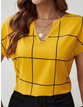 Chemisier à encoche imprimé carreaux, manches courtes décontractées pour le printemps et l'été, vêtements pour femmes