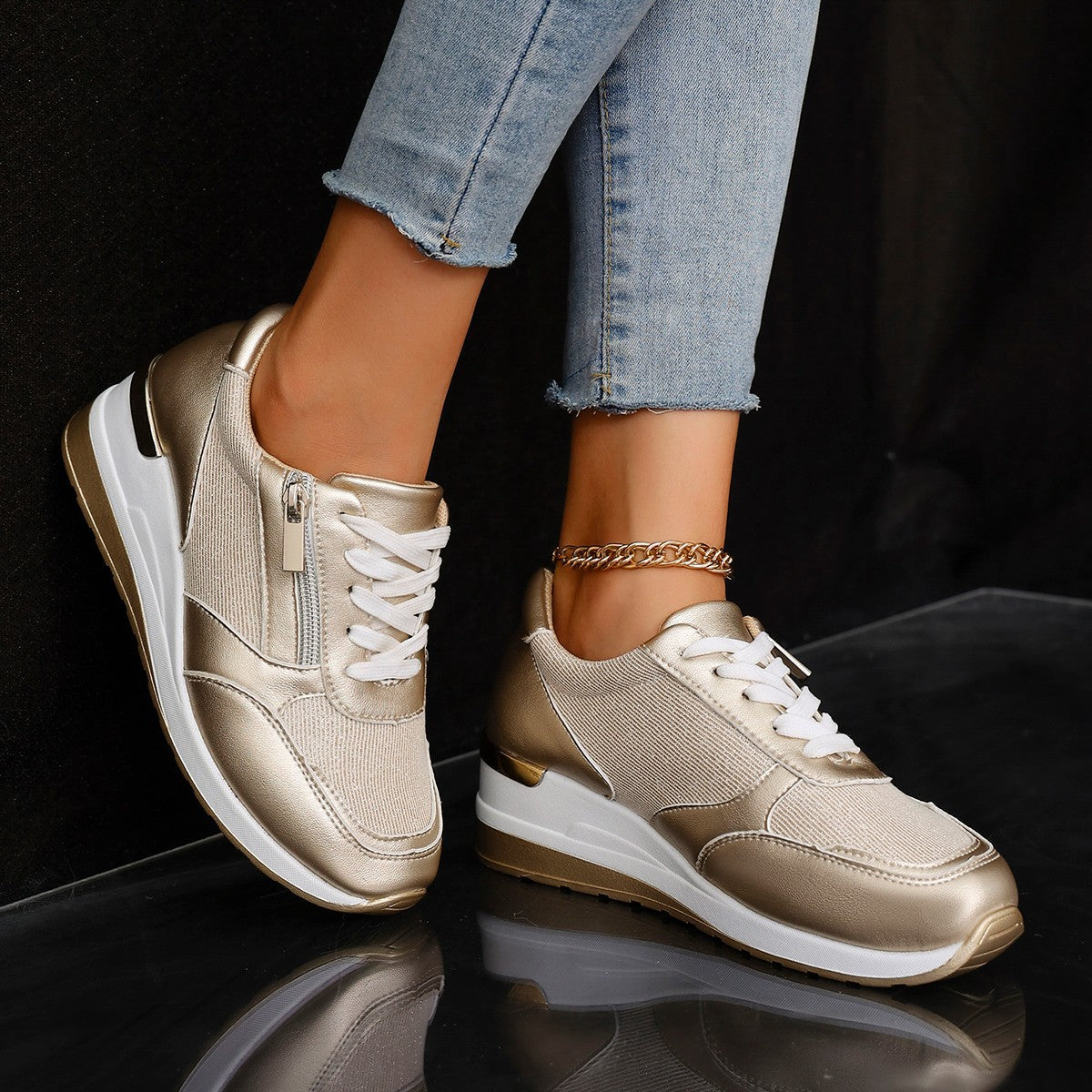 Chaussures décontractées à lacets pour femmes, à fermeture éclair latérale, semelle épaisse, pour la marche, la course et le sport