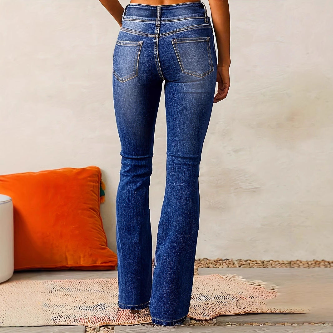 Vaqueros pitillo acampanados con bolsillos, cierre de botón y cremallera, pantalones vaqueros ajustados para mujer