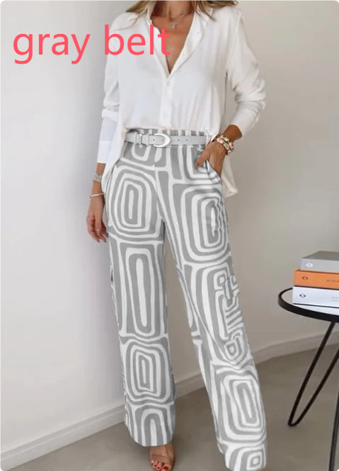 Ensemble Femme Chemise Décontractée à Revers et Manches Longues Imprimée et Pantalon Large
