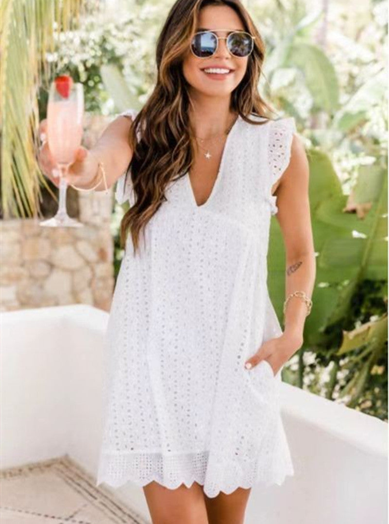 Vestido de playa con cuello en V, sin mangas, con jacquard calado y encaje con bolsillos para verano