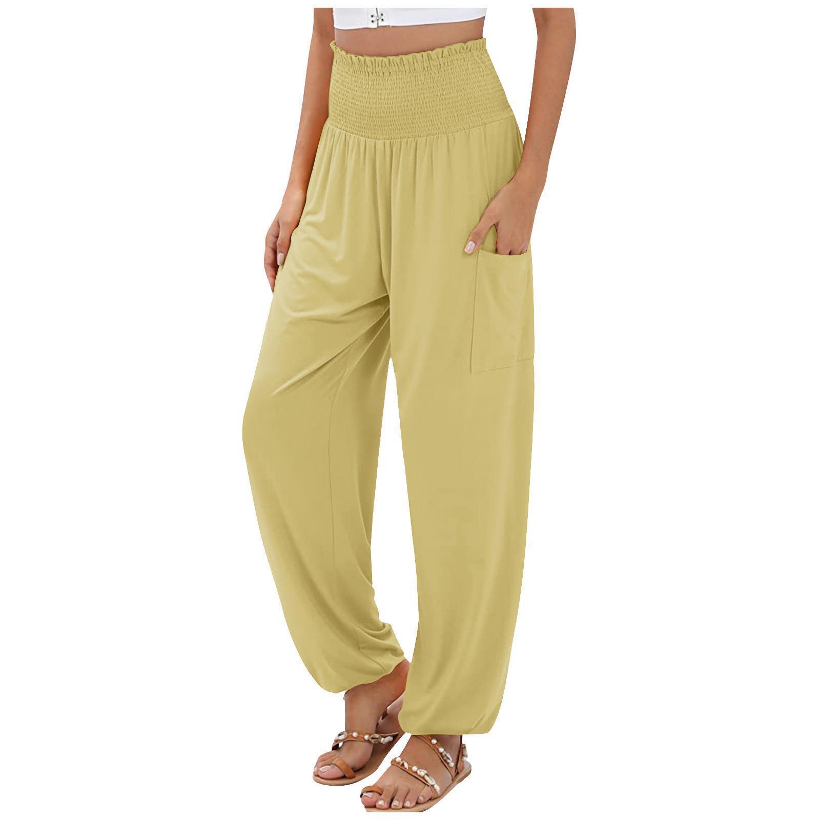 Pantalones casuales de talle alto y pierna ancha con cintura elástica