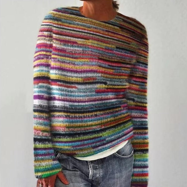 Suéter holgado de moda multicolor con cuello redondo para mujer