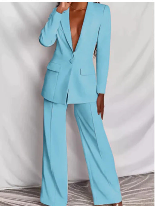 Traje casual de 2 piezas, chaqueta tipo blazer con solapa y botones, y pantalones de pierna recta. Conjunto de ropa de oficina para negocios y traslados.