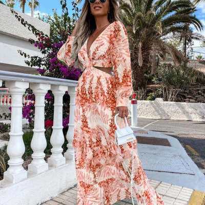 Robe longue élégante à col en V creux pour femme, robe longue à manches longues avec imprimé pour le printemps et l'été, robe à manches longues à col en V.