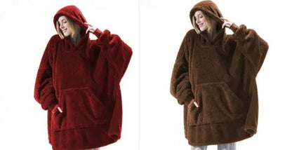 Hoodie sweatshirt with large front pocket in red and brown fleece; oversized wearable blanket, 2 hoodies shown.