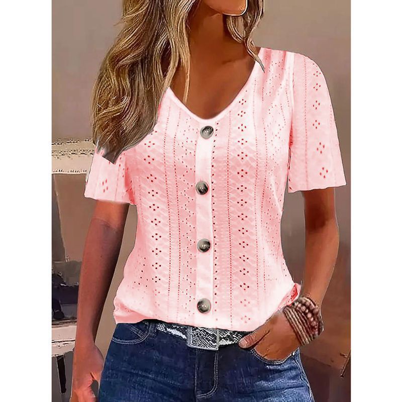 Camiseta de jacquard de color liso con cuello de pico y botones de manga corta