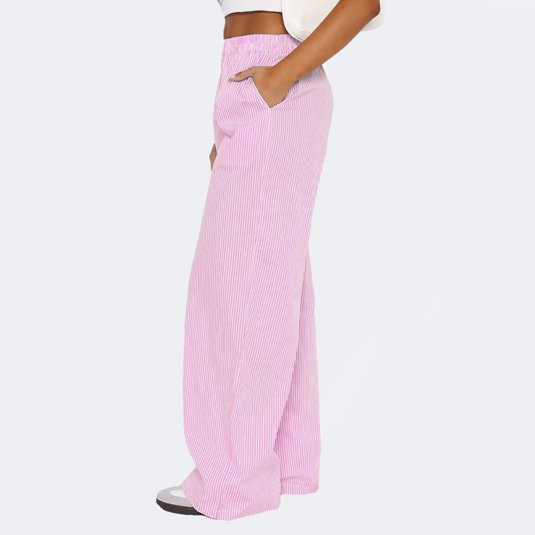 Pantalones de rayas con bolsillos Ins Pantalones anchos rectos informales de moda para mujer