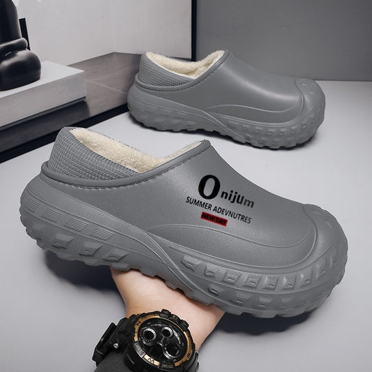 Men's grey fleece-lined cotton home shoes with anti-slip sole and plush interior