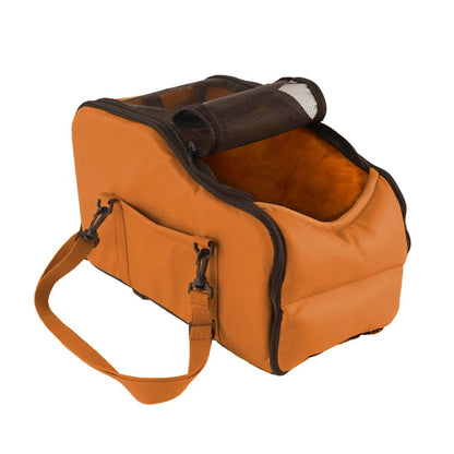 Removable and washable car kennel pet mat by AdTec, tan fabric with black trim and carry straps