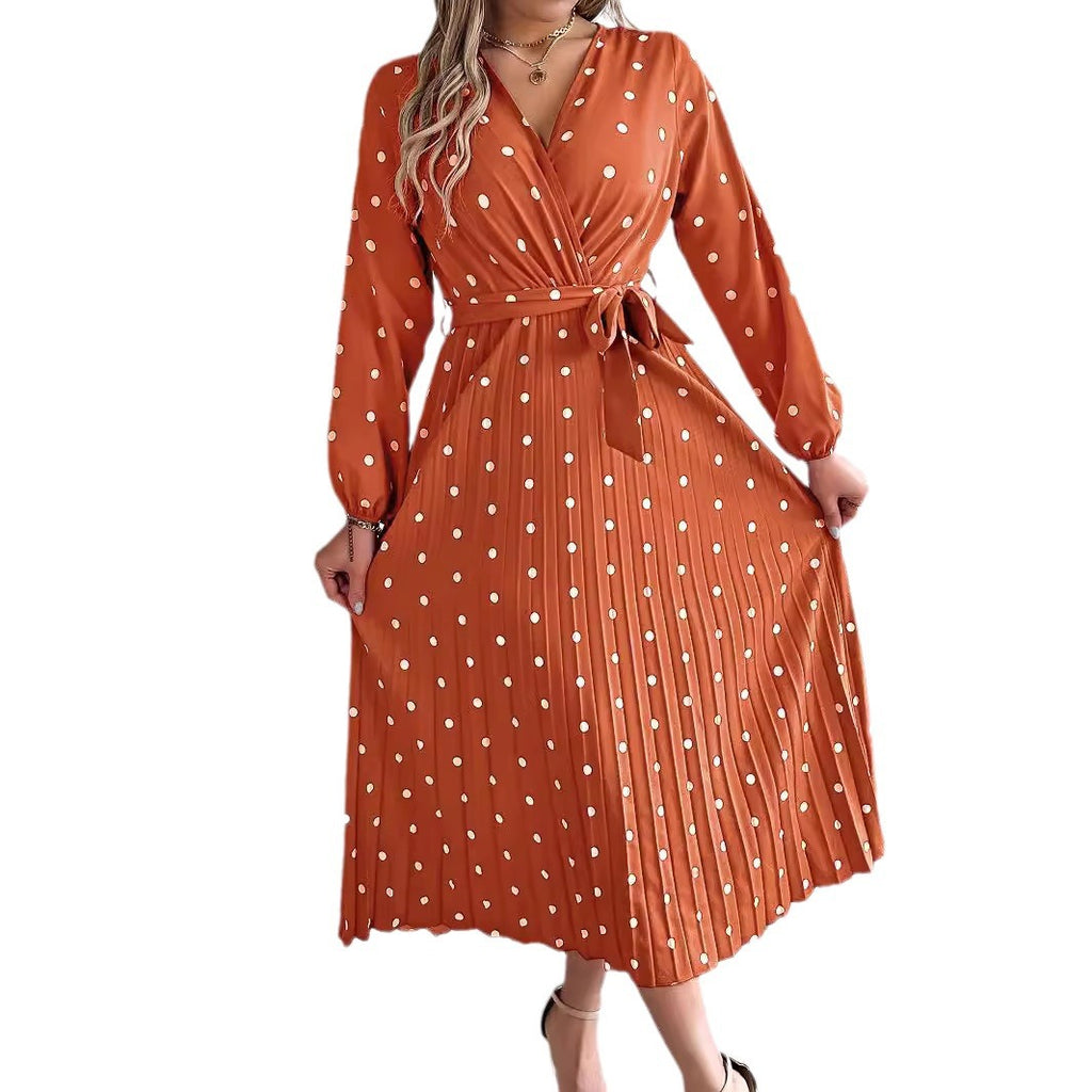 Vestido largo elegante primavera-verano con cuello en V cruzado, lunares en contraste, manga larga y plisado, para damas de honor